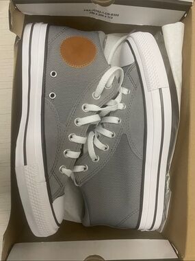 Converse Gray and White High-Top Canvas Sneakers with Brown Patch